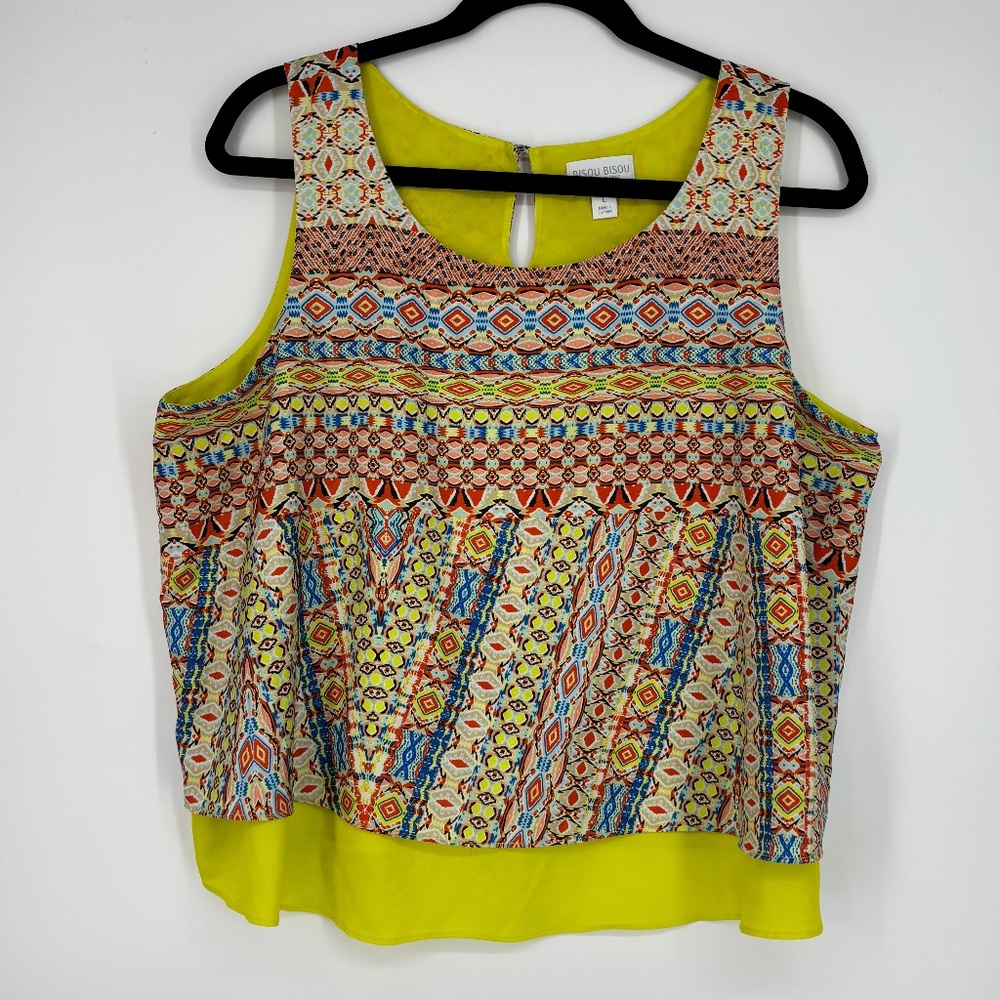 Bisou Bisou Womens Large Tank Top Yellow Multi Geometric Print Cropped Oversized